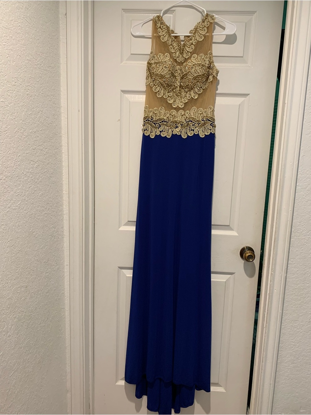 Elegant Blue and Gold Embellished Evening Dress